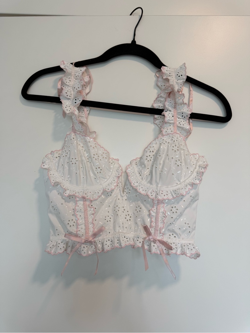 For Love And Lemons White Eyelet Lace Corset with Pink Trim